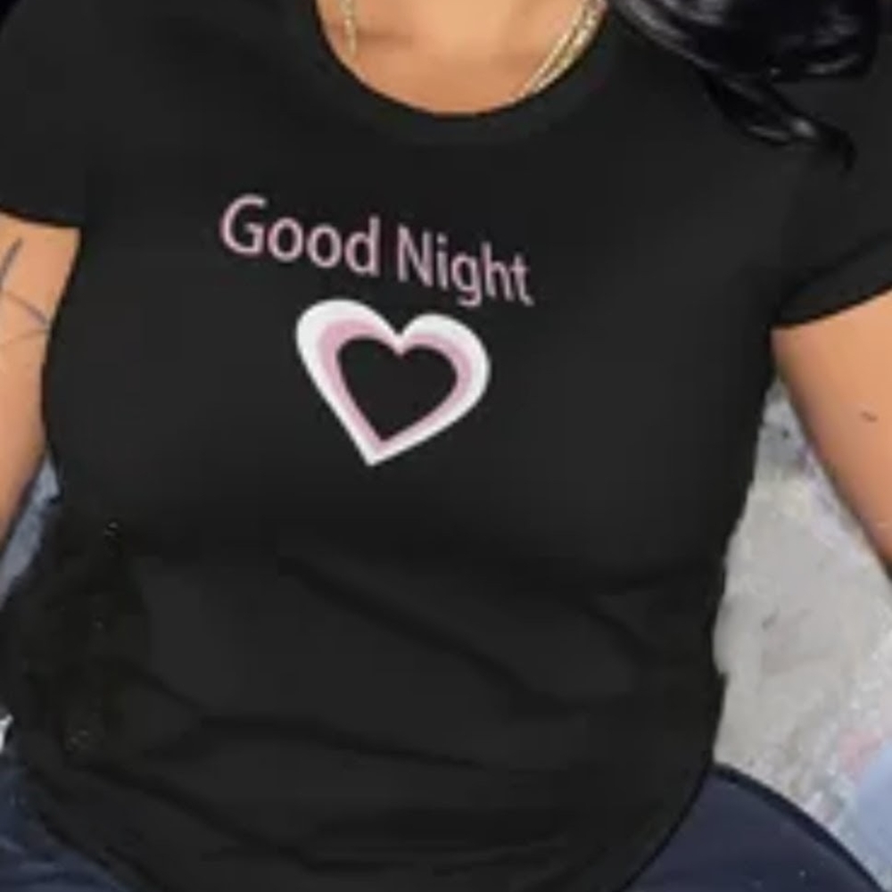 Black 'Good Night' T-Shirt with Heart Design